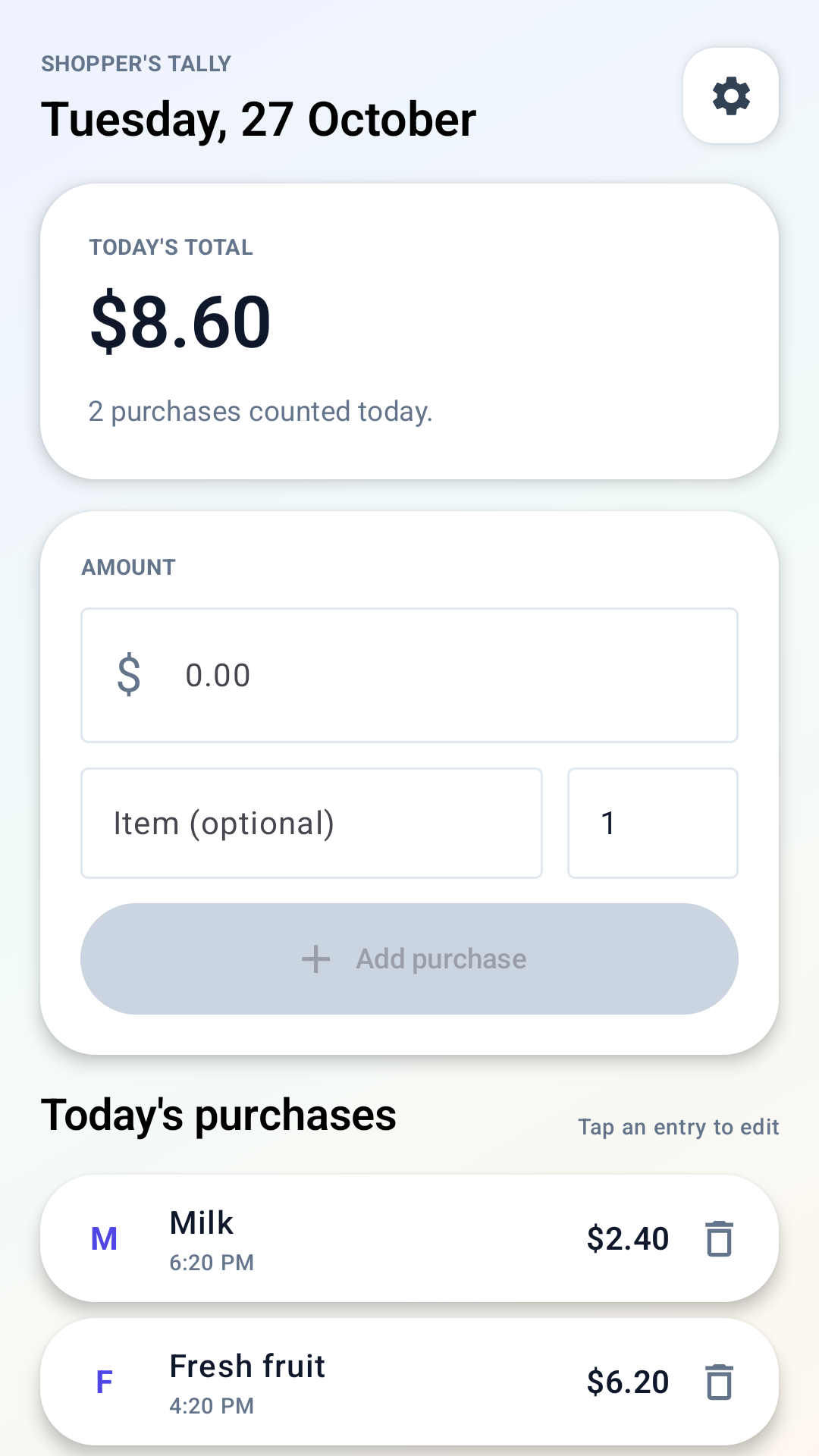 Shopper's Tally daily purchases screen