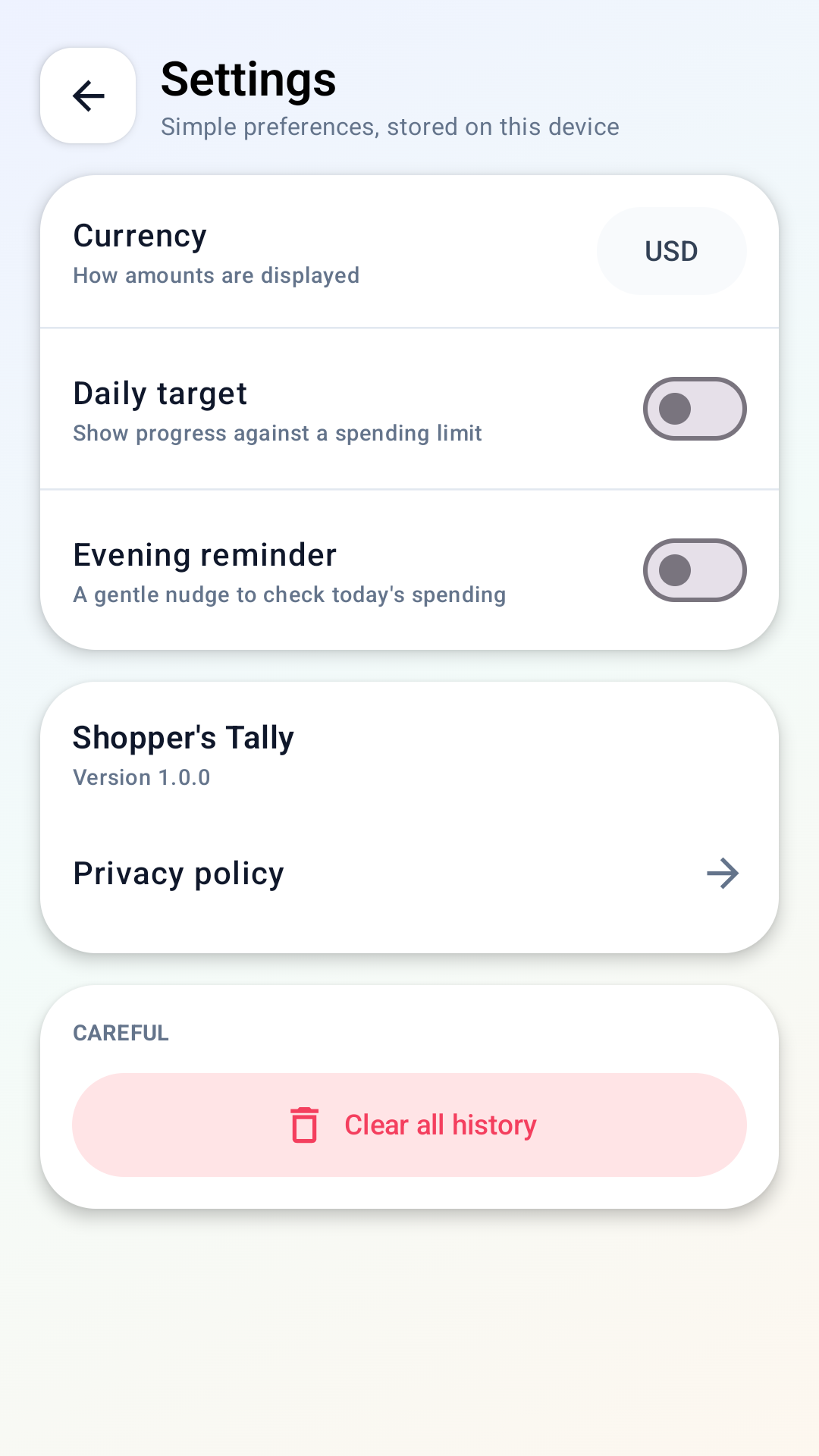 Shopper's Tally settings screen